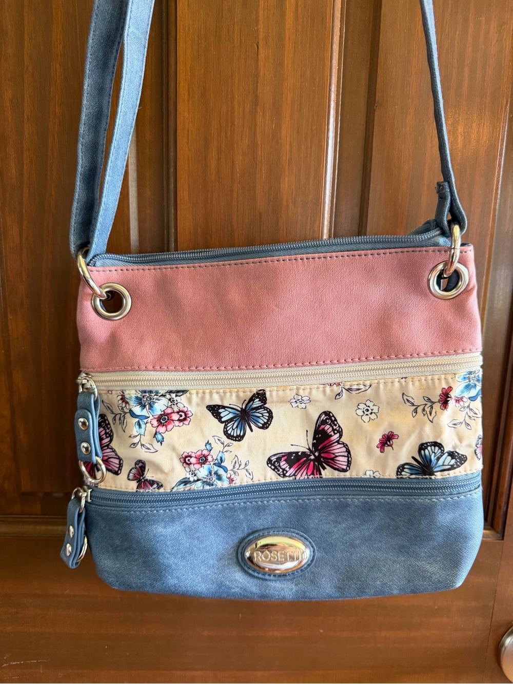 Rosetti Pink, Cream and Blue Butterfly Crossbody Bag